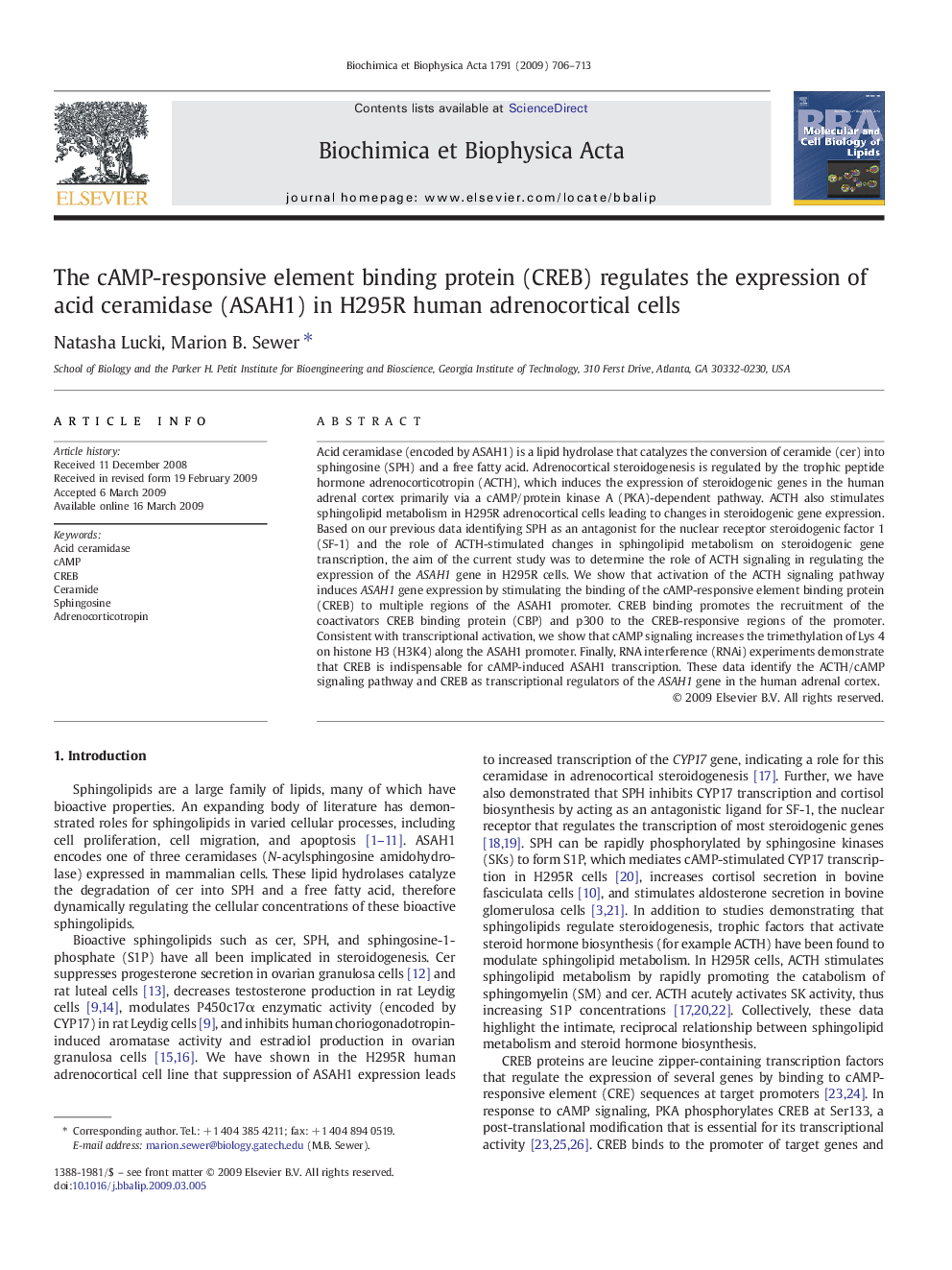 The cAMP-responsive element binding protein (CREB) regulates the expression of acid ceramidase (ASAH1) in H295R human adrenocortical cells