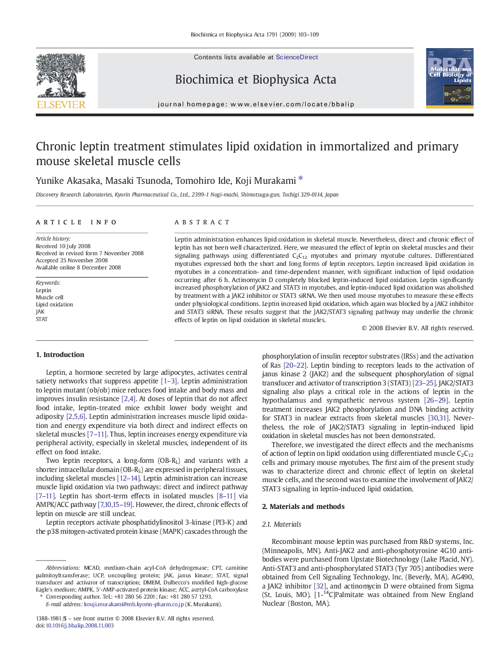 Chronic leptin treatment stimulates lipid oxidation in immortalized and primary mouse skeletal muscle cells