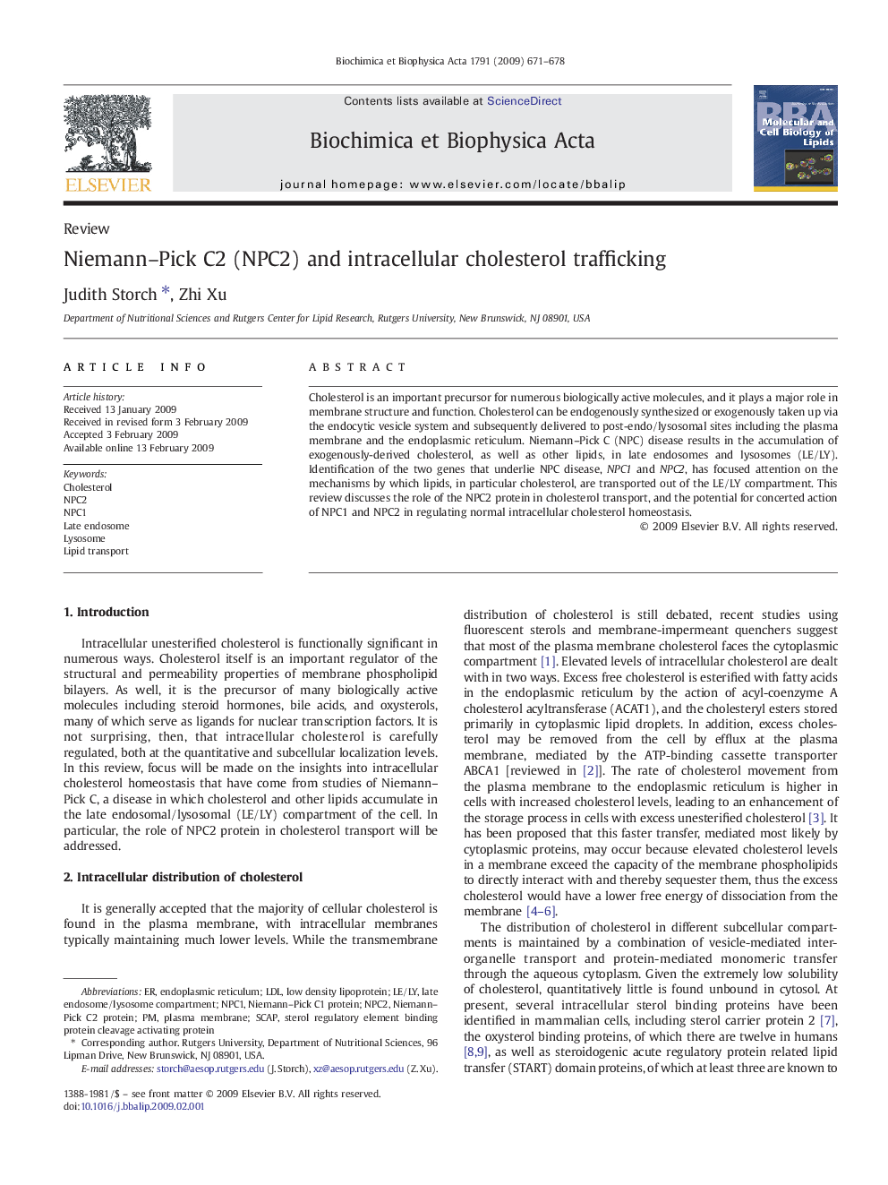 Niemann–Pick C2 (NPC2) and intracellular cholesterol trafficking