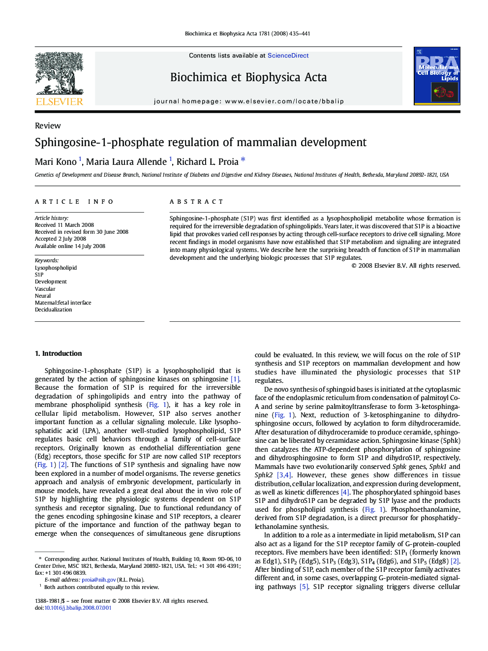 Sphingosine-1-phosphate regulation of mammalian development