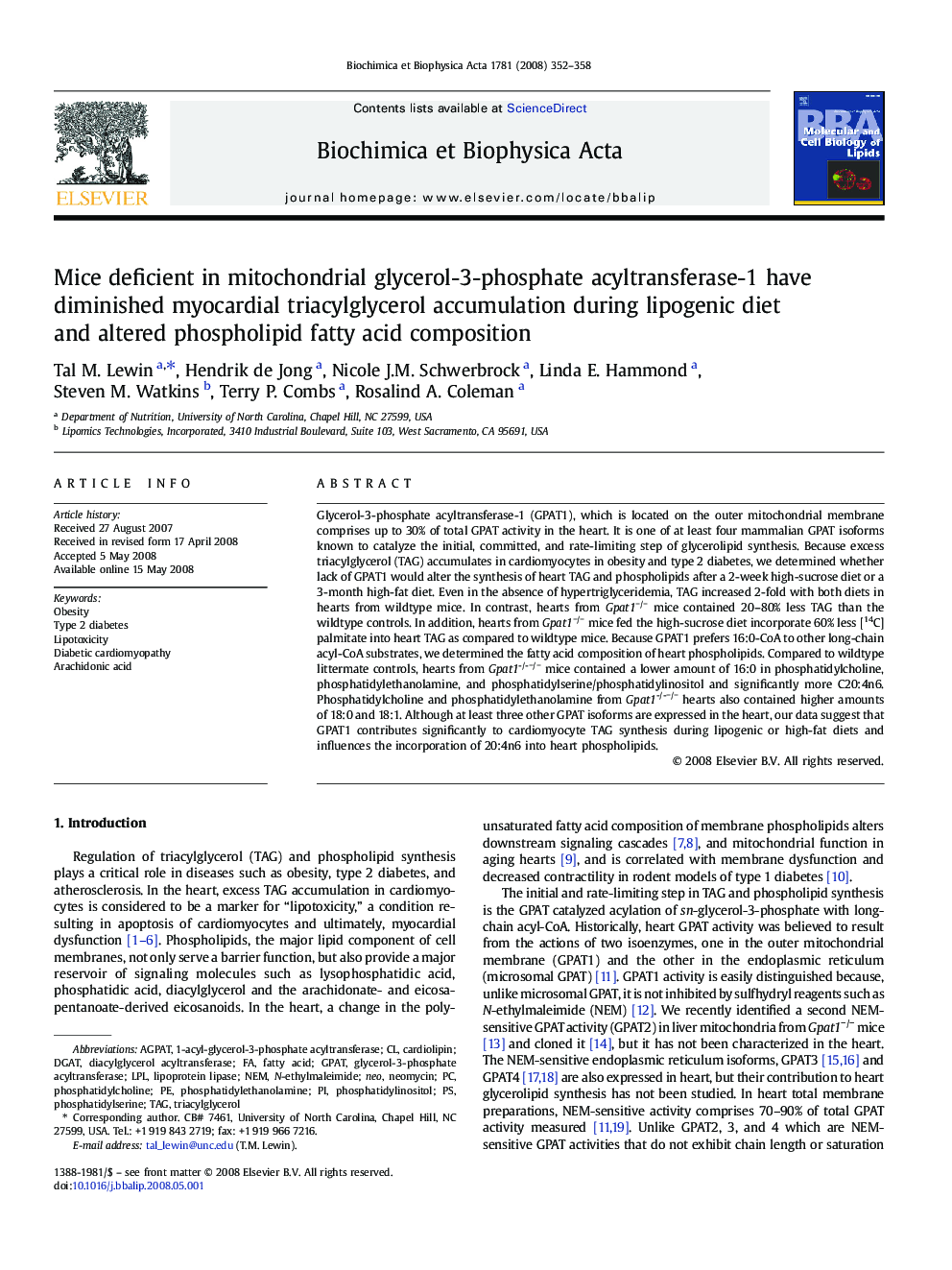 Mice deficient in mitochondrial glycerol-3-phosphate acyltransferase-1 have diminished myocardial triacylglycerol accumulation during lipogenic diet and altered phospholipid fatty acid composition