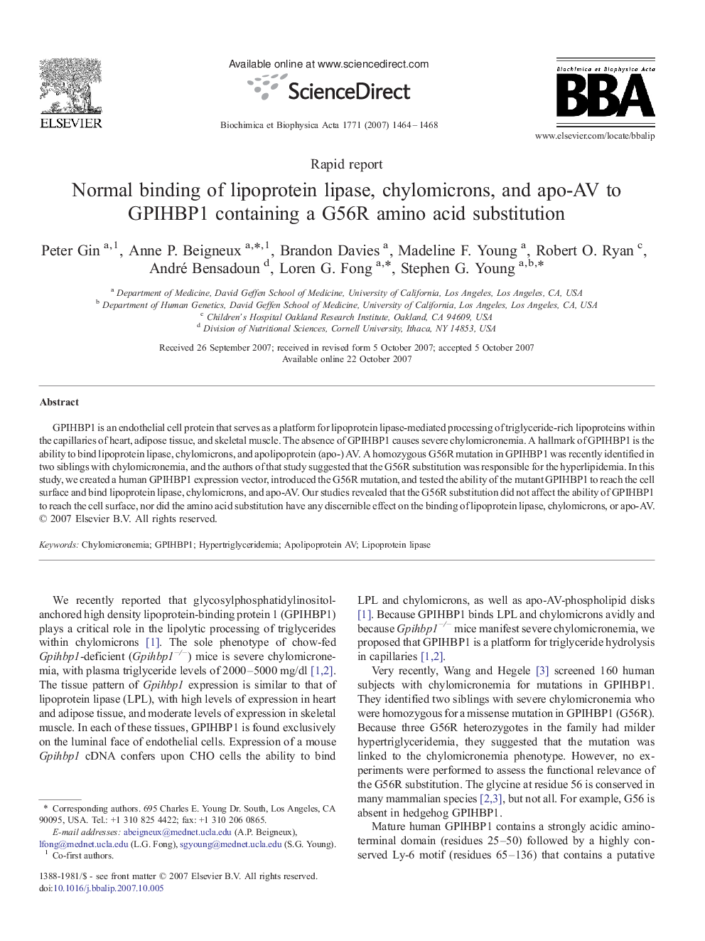 Normal binding of lipoprotein lipase, chylomicrons, and apo-AV to GPIHBP1 containing a G56R amino acid substitution