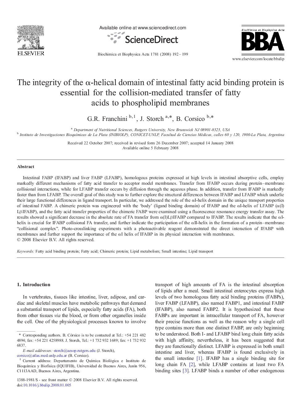 The integrity of the α-helical domain of intestinal fatty acid binding protein is essential for the collision-mediated transfer of fatty acids to phospholipid membranes