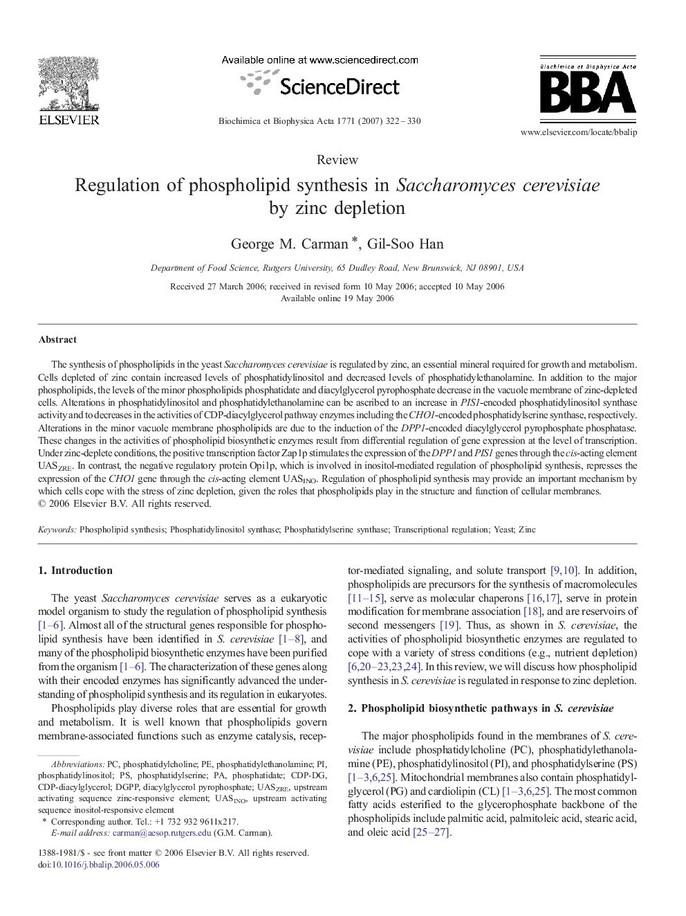 Regulation of phospholipid synthesis in Saccharomyces cerevisiae by zinc depletion