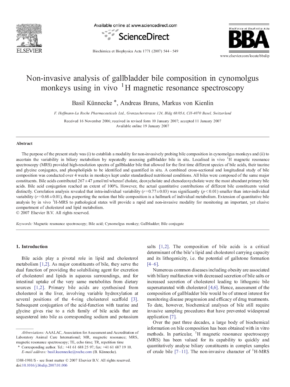 Non-invasive analysis of gallbladder bile composition in cynomolgus monkeys using in vivo 1H magnetic resonance spectroscopy