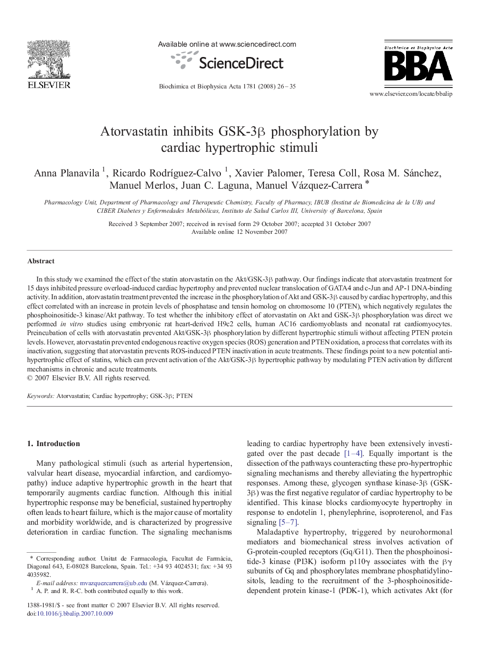 Atorvastatin inhibits GSK-3Î² phosphorylation by cardiac hypertrophic stimuli