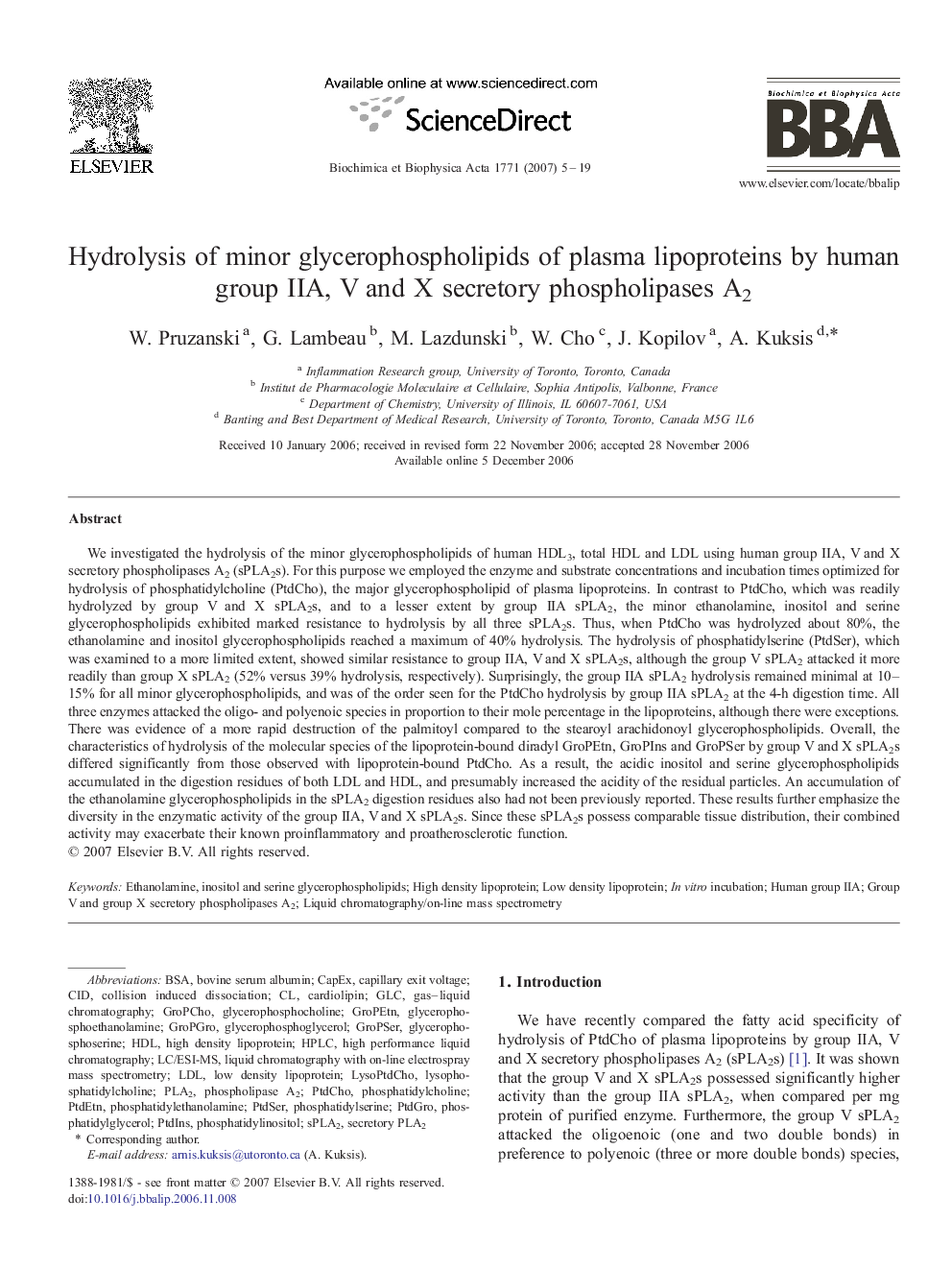 Hydrolysis of minor glycerophospholipids of plasma lipoproteins by human group IIA, V and X secretory phospholipases A2