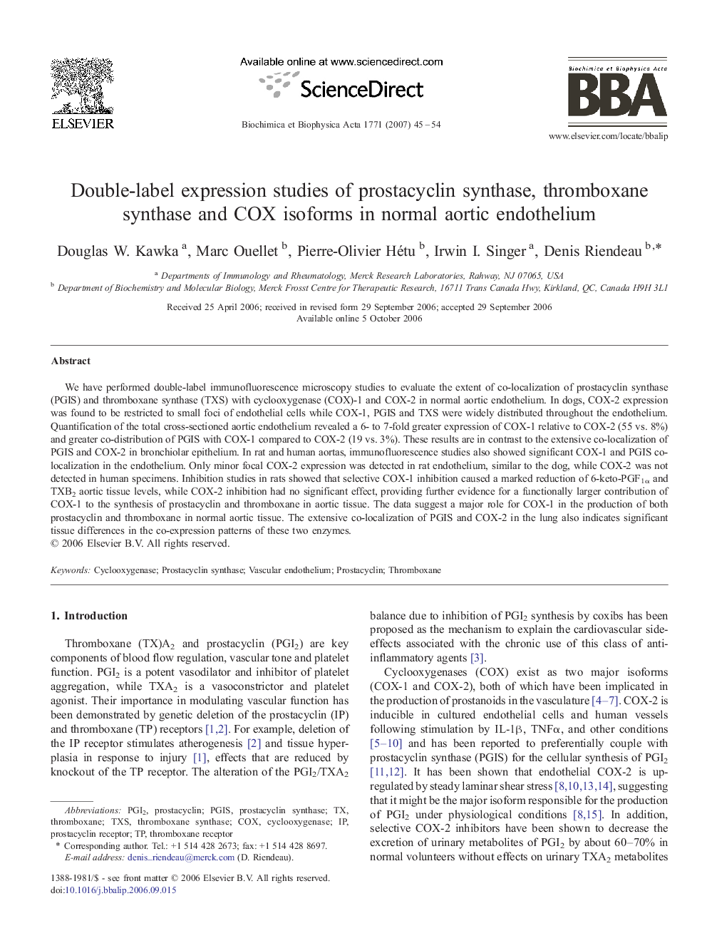 Double-label expression studies of prostacyclin synthase, thromboxane synthase and COX isoforms in normal aortic endothelium