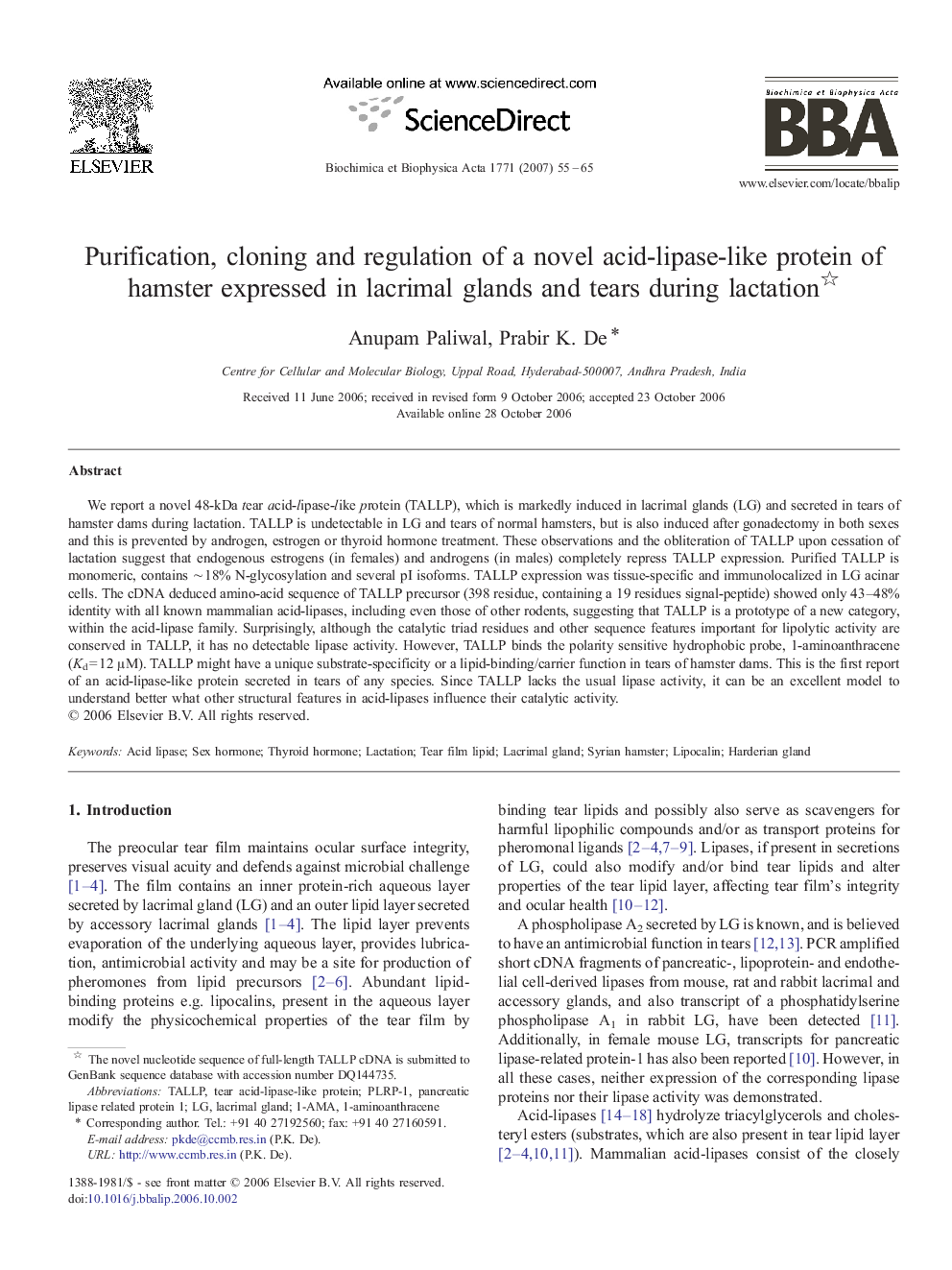 Purification, cloning and regulation of a novel acid-lipase-like protein of hamster expressed in lacrimal glands and tears during lactation 