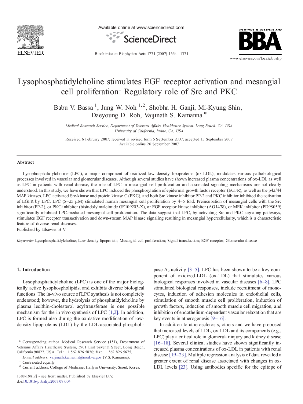 Lysophosphatidylcholine stimulates EGF receptor activation and mesangial cell proliferation: Regulatory role of Src and PKC