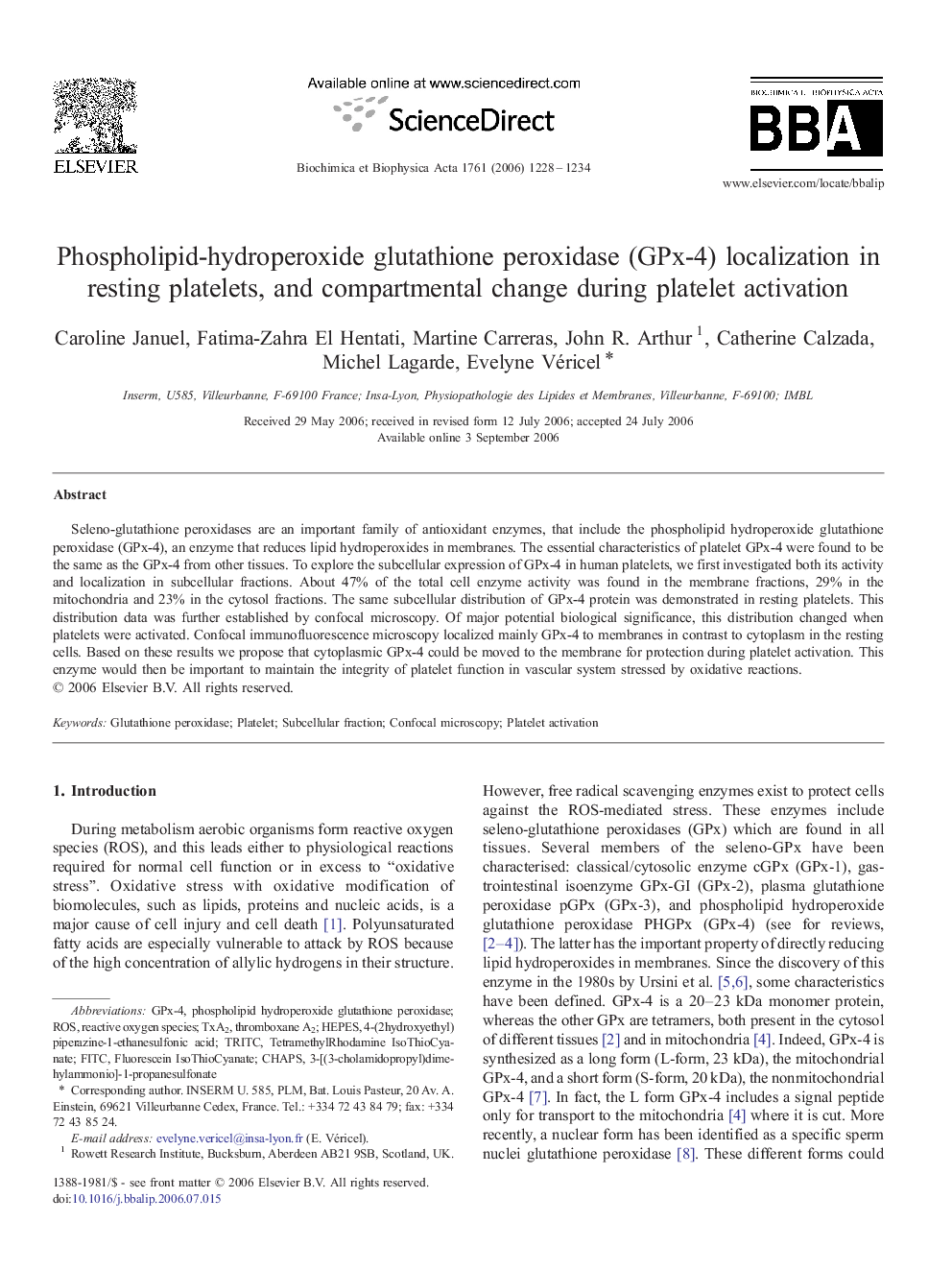 Phospholipid-hydroperoxide glutathione peroxidase (GPx-4) localization in resting platelets, and compartmental change during platelet activation