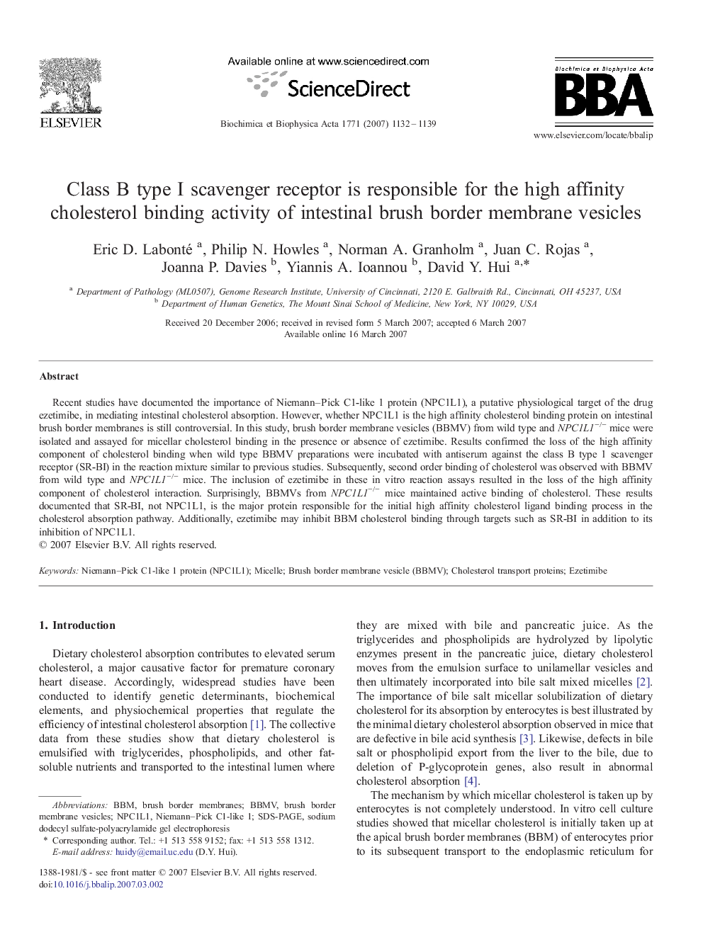 Class B type I scavenger receptor is responsible for the high affinity cholesterol binding activity of intestinal brush border membrane vesicles