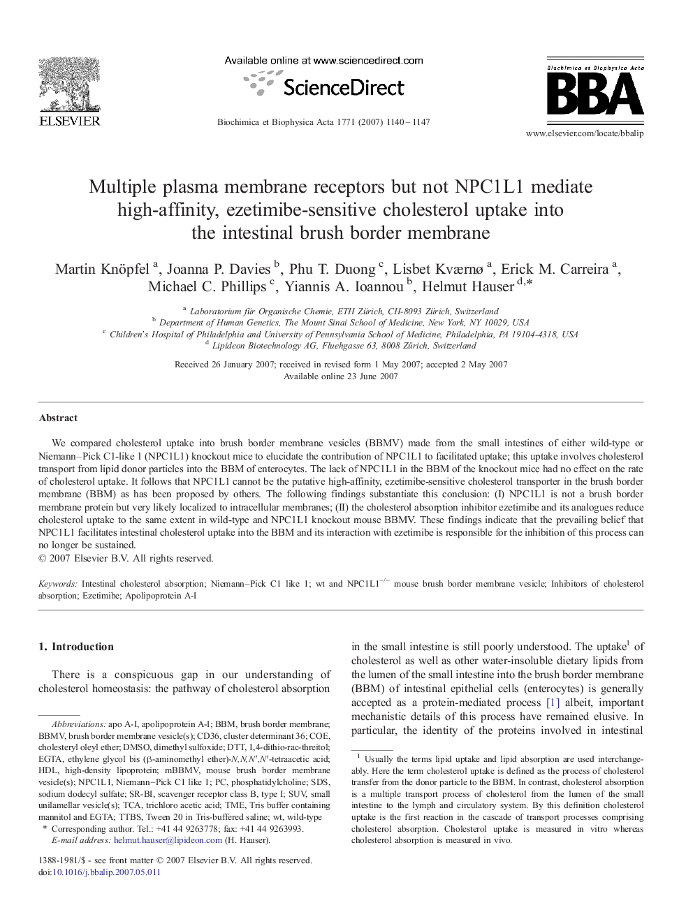 Multiple plasma membrane receptors but not NPC1L1 mediate high-affinity, ezetimibe-sensitive cholesterol uptake into the intestinal brush border membrane