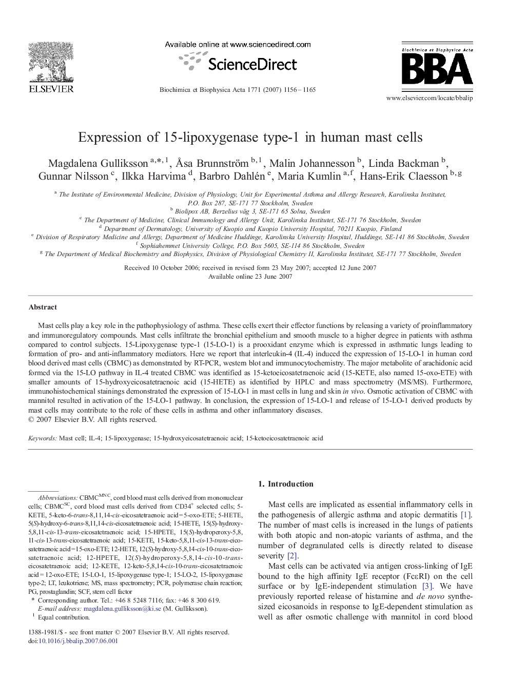 Expression of 15-lipoxygenase type-1 in human mast cells