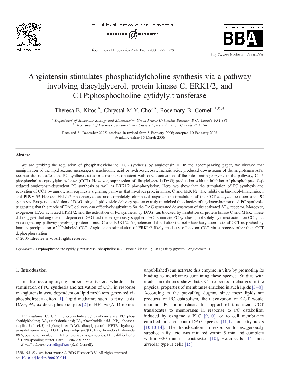 Angiotensin stimulates phosphatidylcholine synthesis via a pathway involving diacylglycerol, protein kinase C, ERK1/2, and CTP:phosphocholine cytidylyltransferase