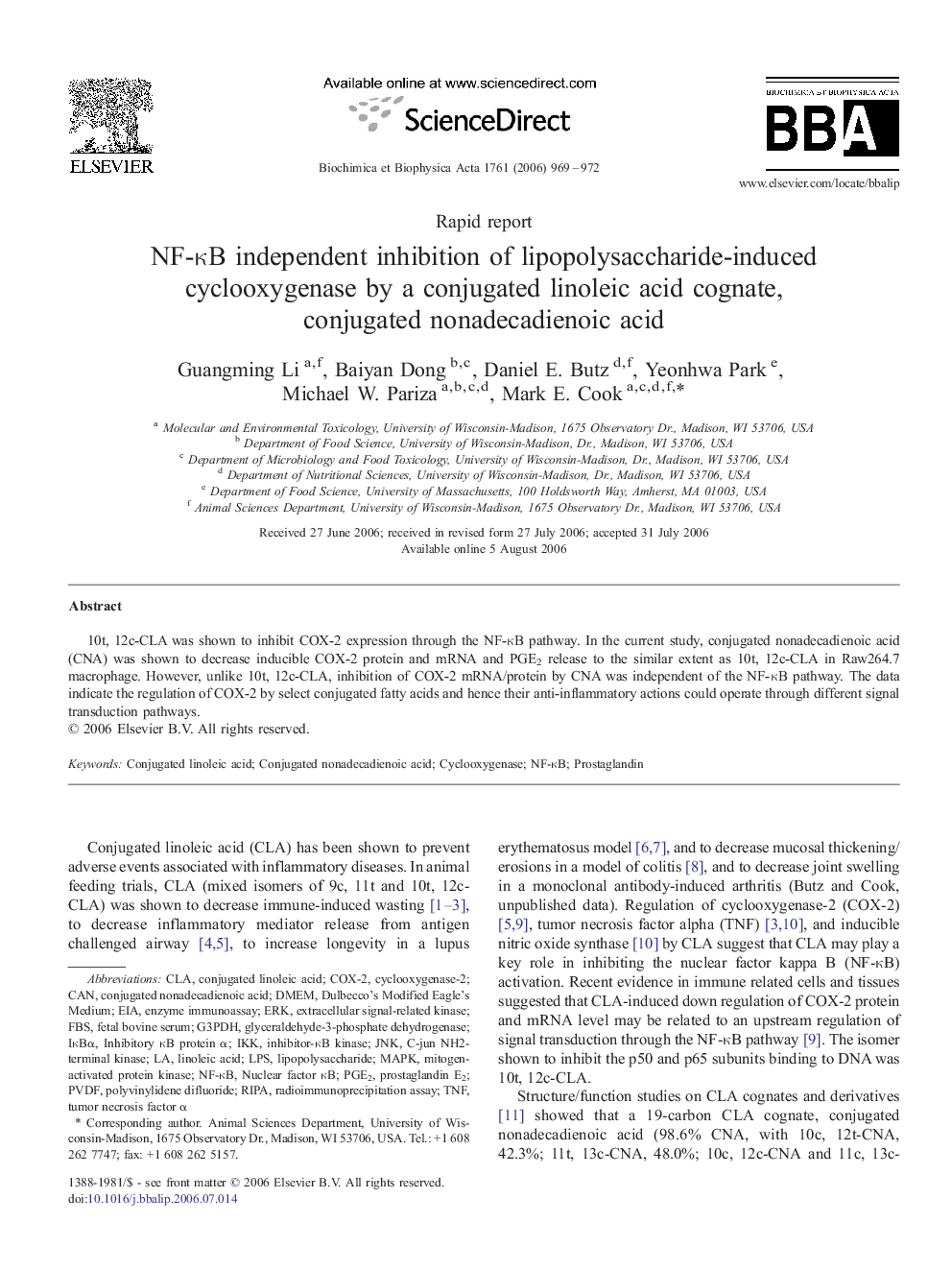 NF-κB independent inhibition of lipopolysaccharide-induced cyclooxygenase by a conjugated linoleic acid cognate, conjugated nonadecadienoic acid