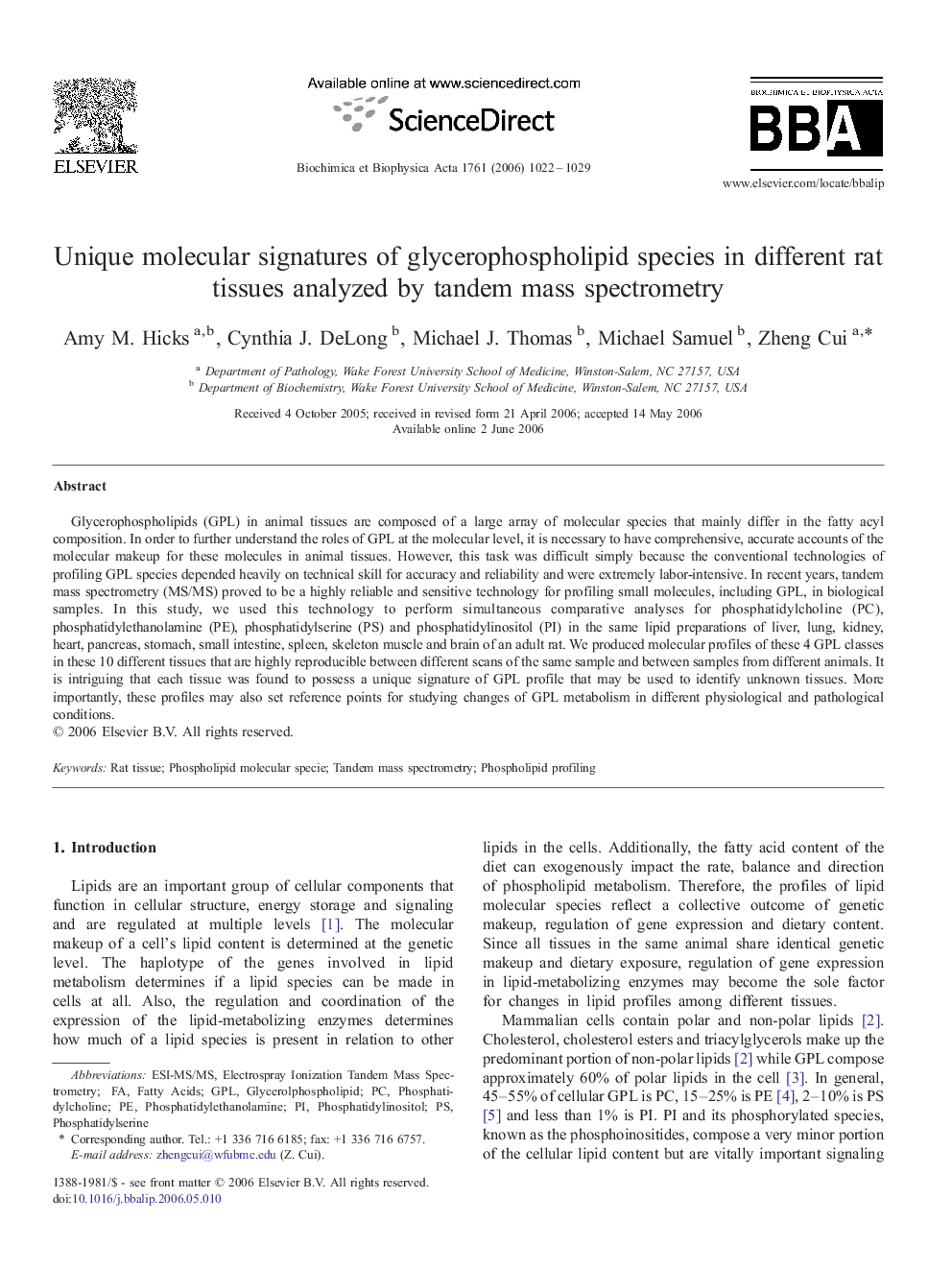 Unique molecular signatures of glycerophospholipid species in different rat tissues analyzed by tandem mass spectrometry