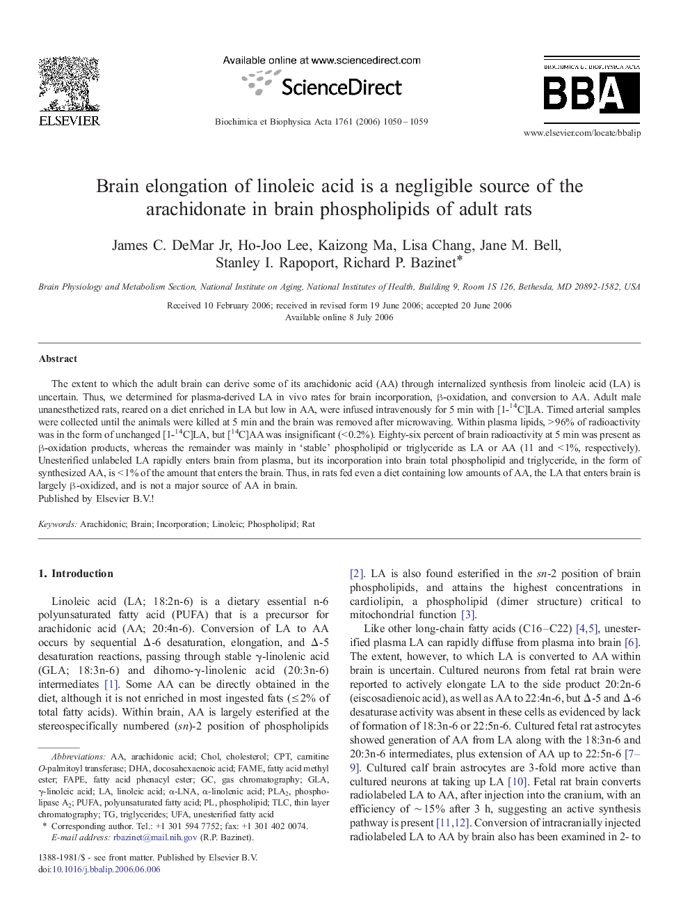 Brain elongation of linoleic acid is a negligible source of the arachidonate in brain phospholipids of adult rats