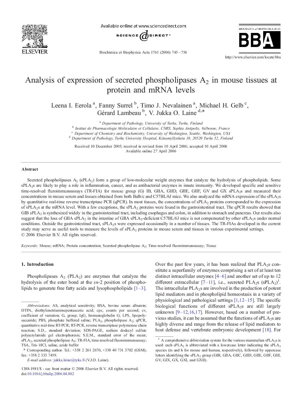 Analysis of expression of secreted phospholipases A2 in mouse tissues at protein and mRNA levels