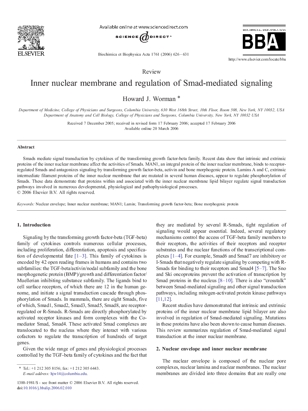 Inner nuclear membrane and regulation of Smad-mediated signaling