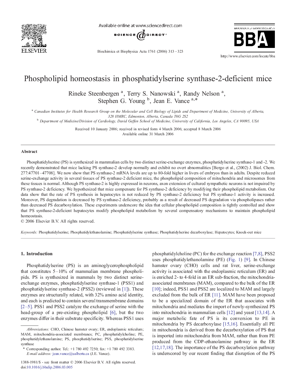 Phospholipid homeostasis in phosphatidylserine synthase-2-deficient mice