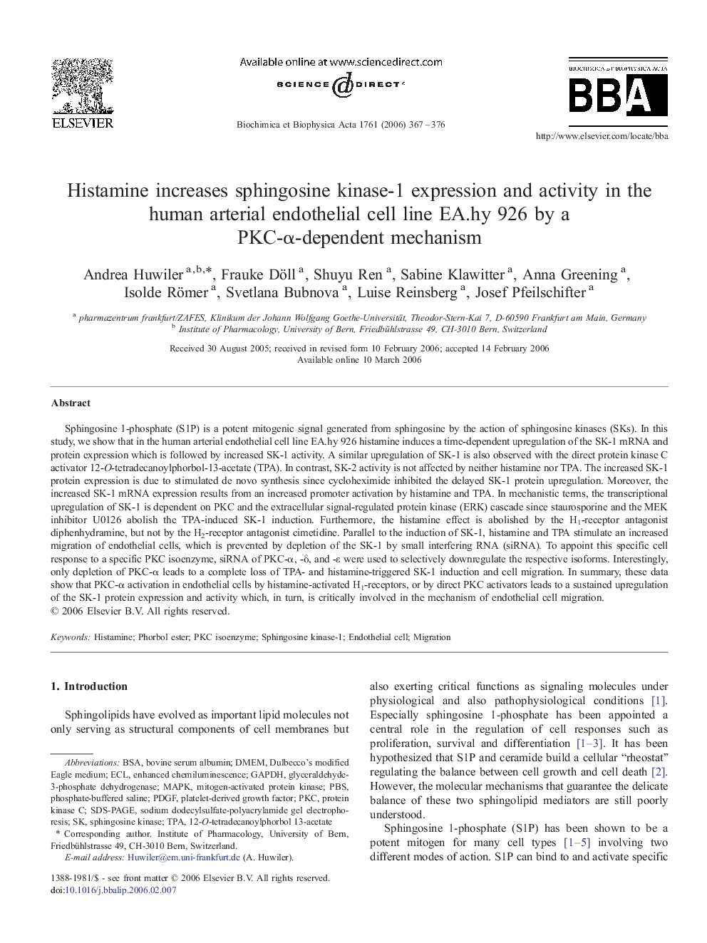 Histamine increases sphingosine kinase-1 expression and activity in the human arterial endothelial cell line EA.hy 926 by a PKC-α-dependent mechanism