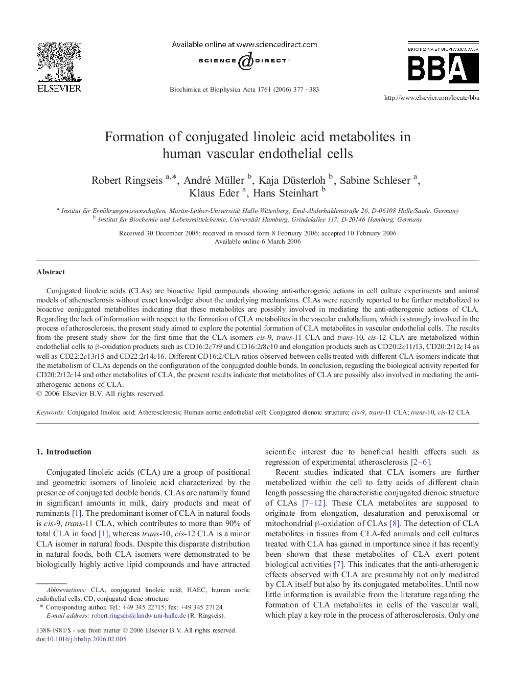 Formation of conjugated linoleic acid metabolites in human vascular endothelial cells