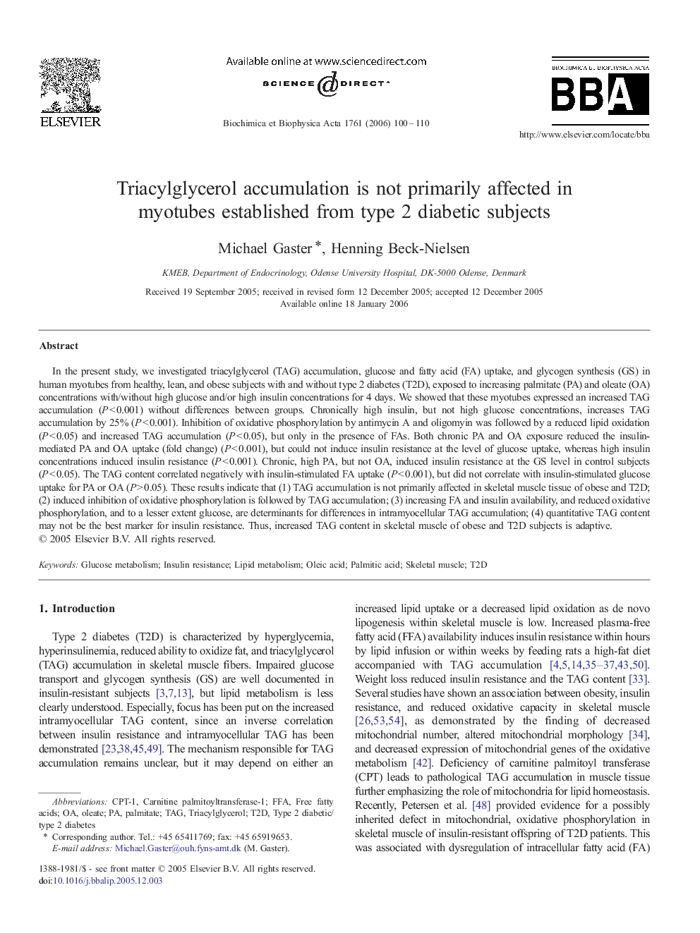 Triacylglycerol accumulation is not primarily affected in myotubes established from type 2 diabetic subjects