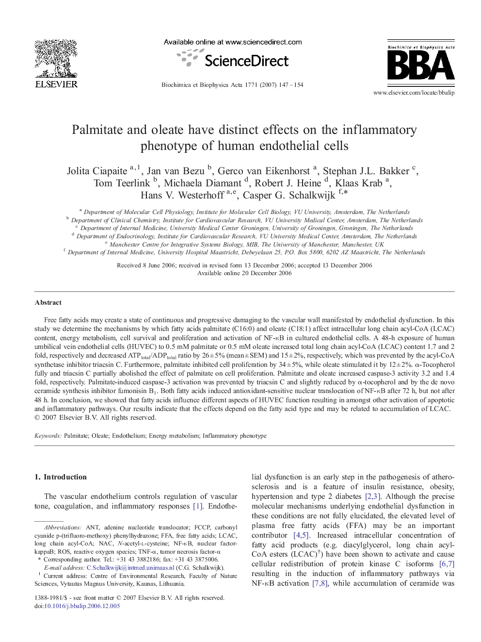 Palmitate and oleate have distinct effects on the inflammatory phenotype of human endothelial cells