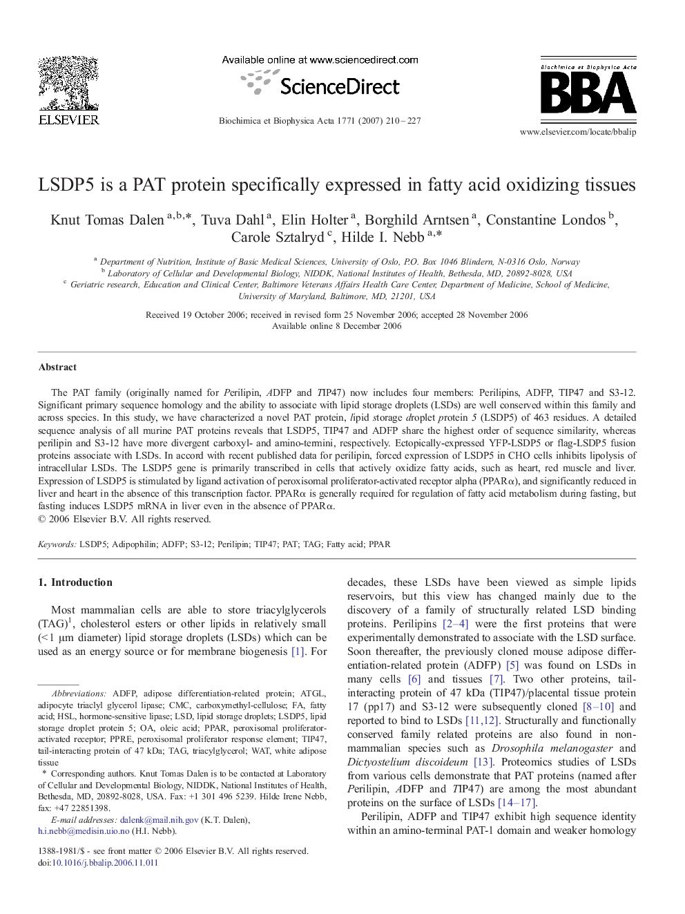 LSDP5 is a PAT protein specifically expressed in fatty acid oxidizing tissues