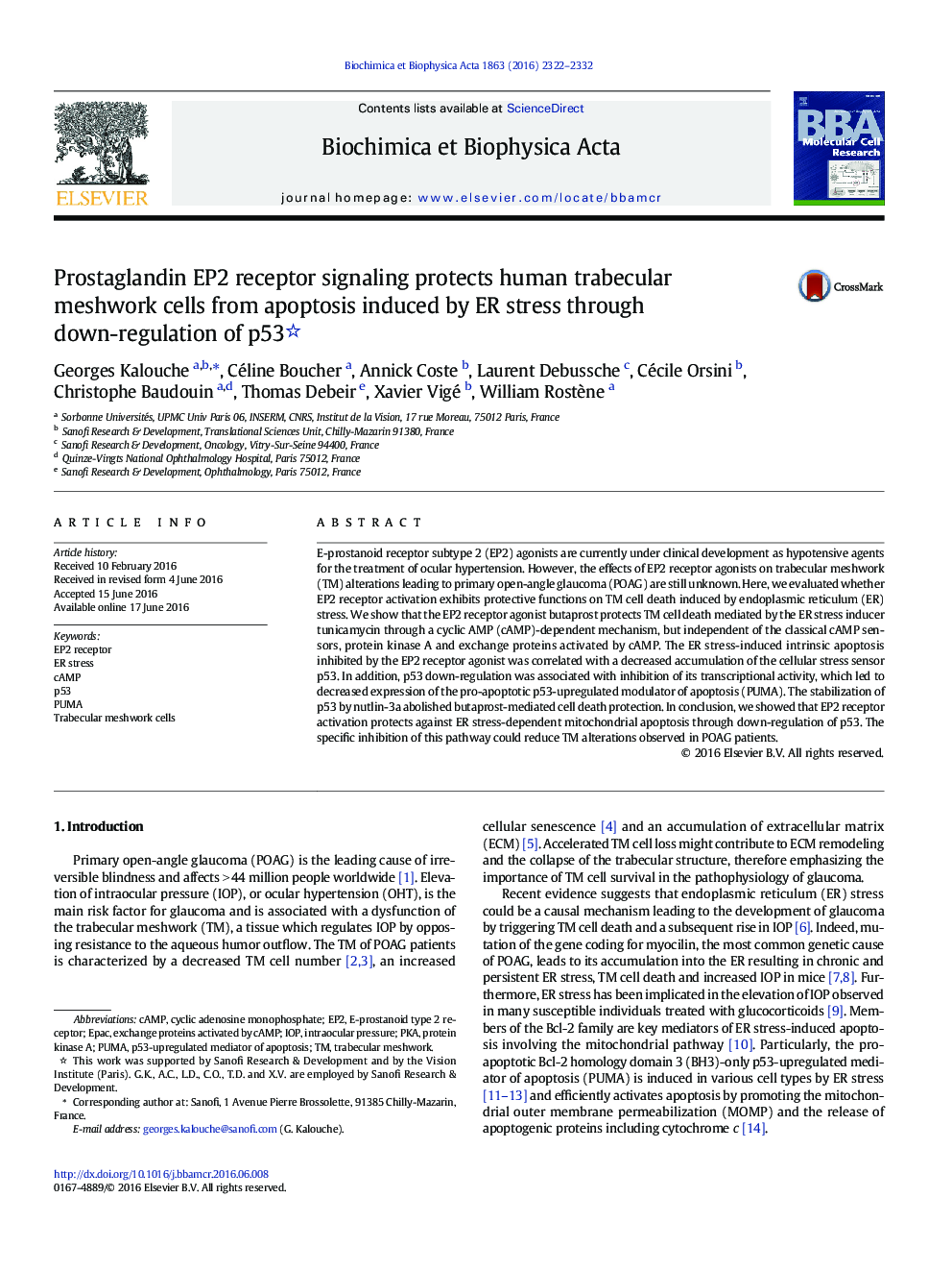 Prostaglandin EP2 receptor signaling protects human trabecular meshwork cells from apoptosis induced by ER stress through down-regulation of p53 