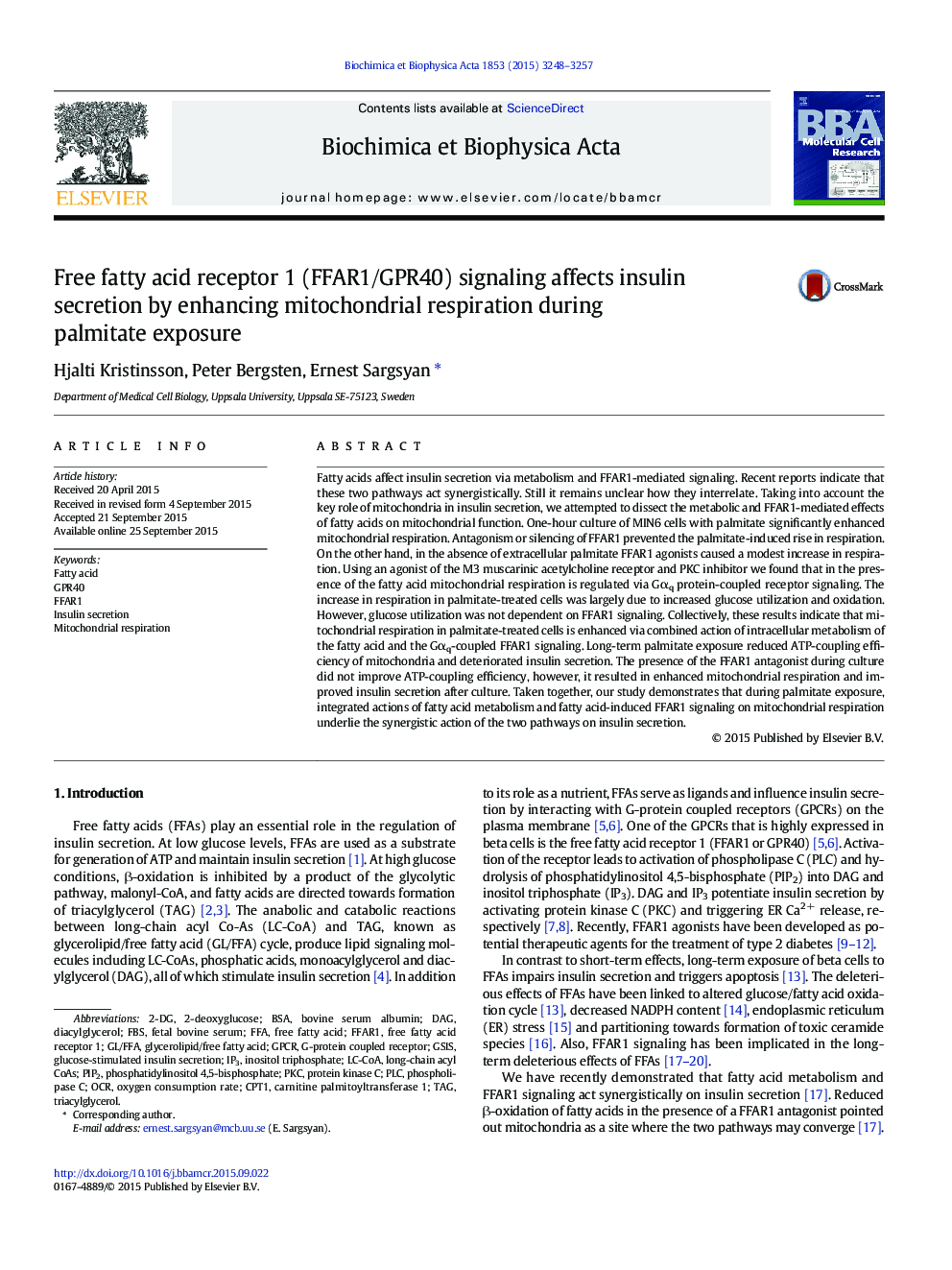 Free fatty acid receptor 1 (FFAR1/GPR40) signaling affects insulin secretion by enhancing mitochondrial respiration during palmitate exposure