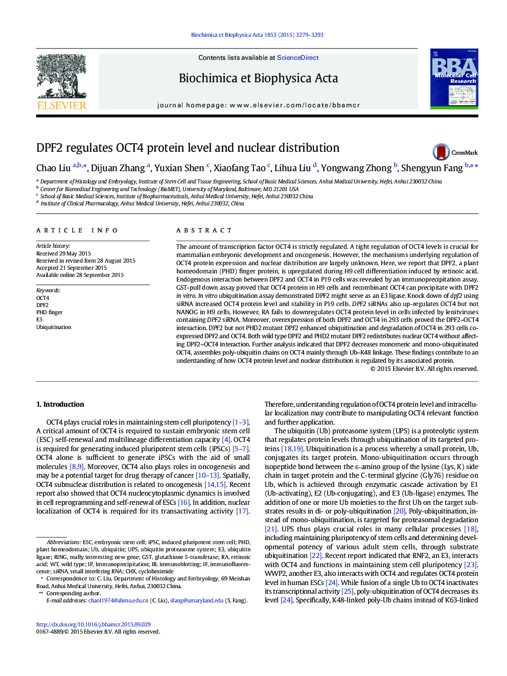 DPF2 regulates OCT4 protein level and nuclear distribution