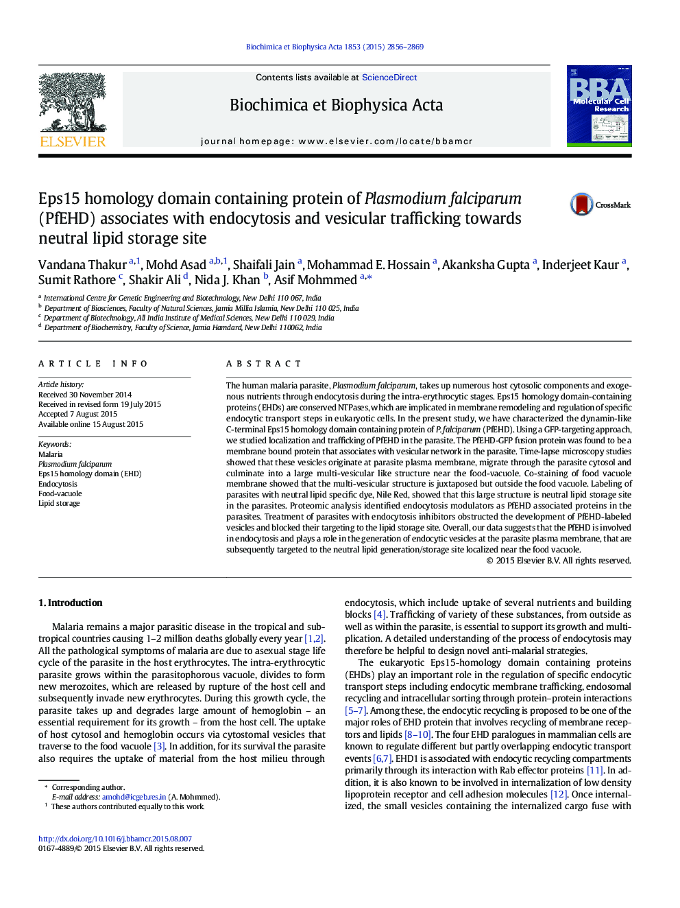 Eps15 homology domain containing protein of Plasmodium falciparum (PfEHD) associates with endocytosis and vesicular trafficking towards neutral lipid storage site