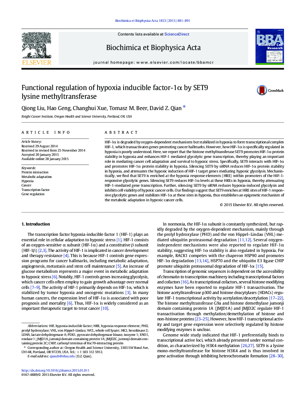Functional regulation of hypoxia inducible factor-1α by SET9 lysine methyltransferase