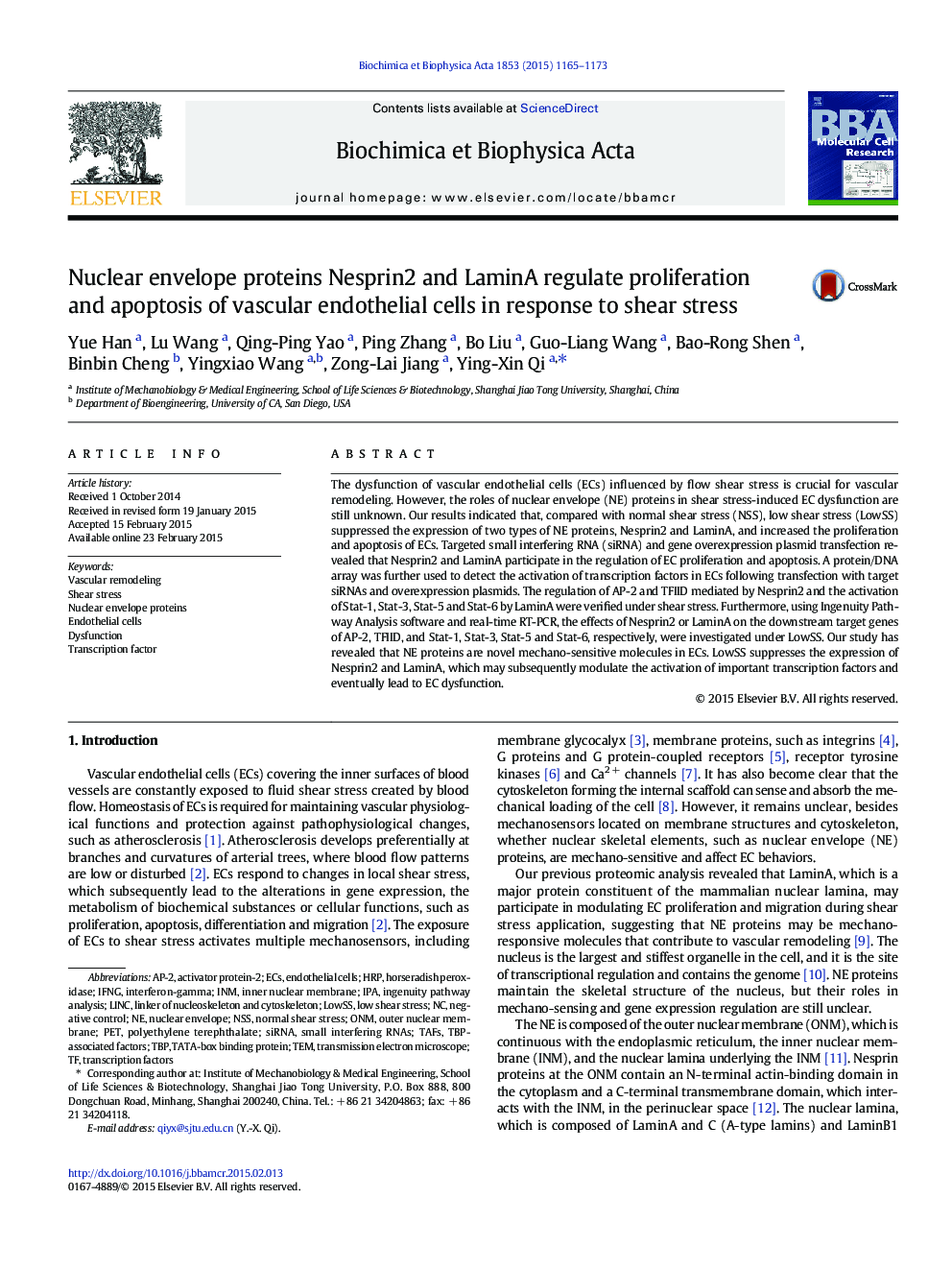 Nuclear envelope proteins Nesprin2 and LaminA regulate proliferation and apoptosis of vascular endothelial cells in response to shear stress