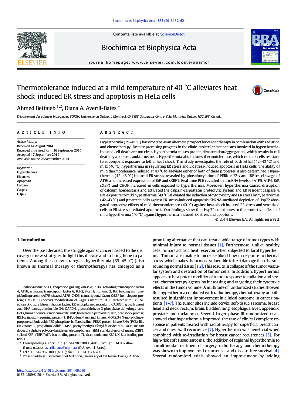 Thermotolerance induced at a mild temperature of 40 °C alleviates heat shock-induced ER stress and apoptosis in HeLa cells