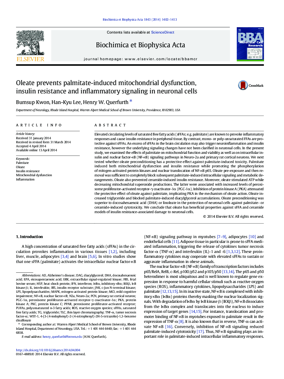 Oleate prevents palmitate-induced mitochondrial dysfunction, insulin resistance and inflammatory signaling in neuronal cells