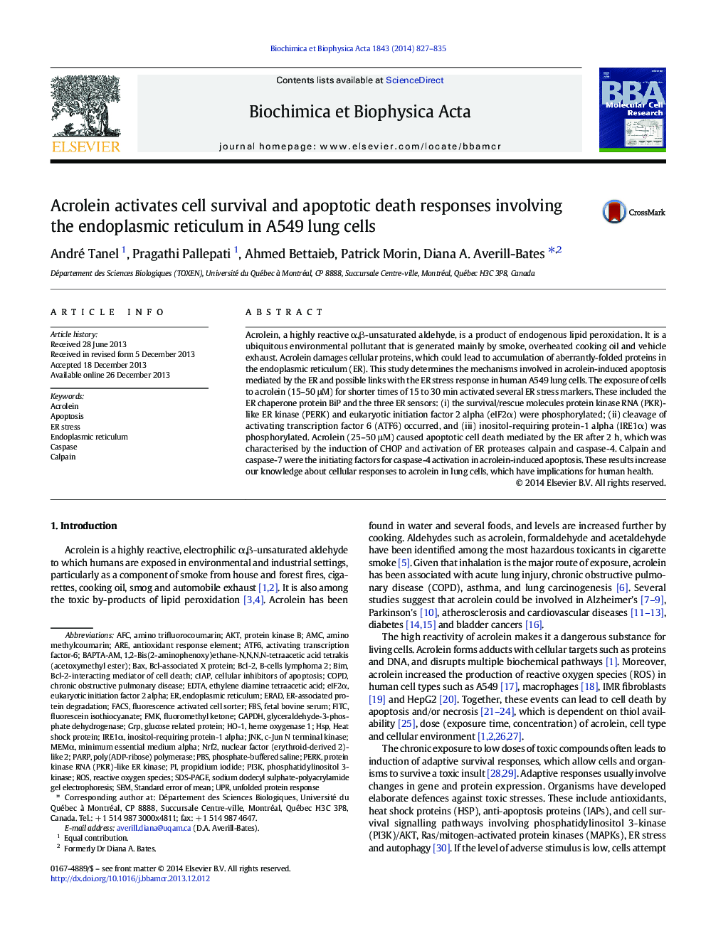 Acrolein activates cell survival and apoptotic death responses involving the endoplasmic reticulum in A549 lung cells