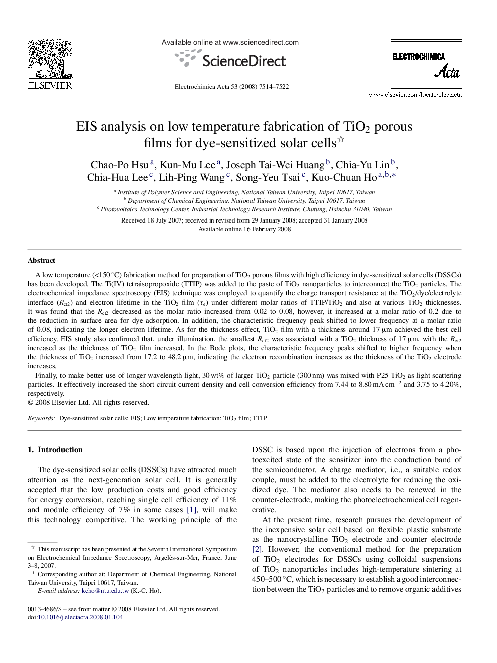 EIS analysis on low temperature fabrication of TiO2 porous films for dye-sensitized solar cells 