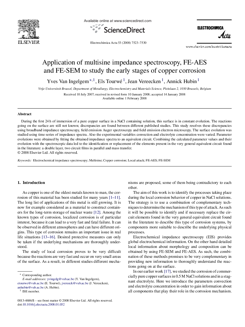 Application of multisine impedance spectroscopy, FE-AES and FE-SEM to study the early stages of copper corrosion