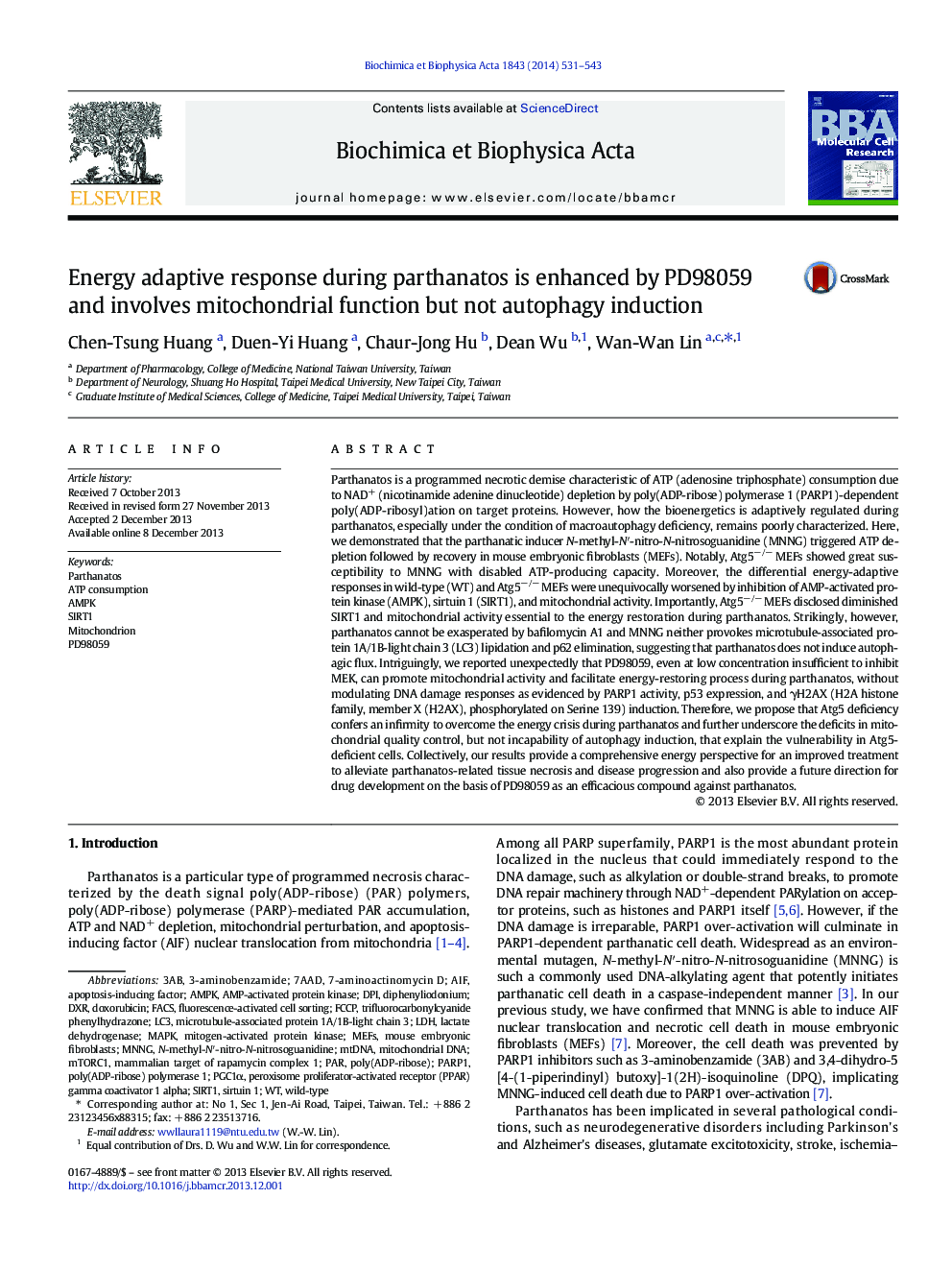 Energy adaptive response during parthanatos is enhanced by PD98059 and involves mitochondrial function but not autophagy induction