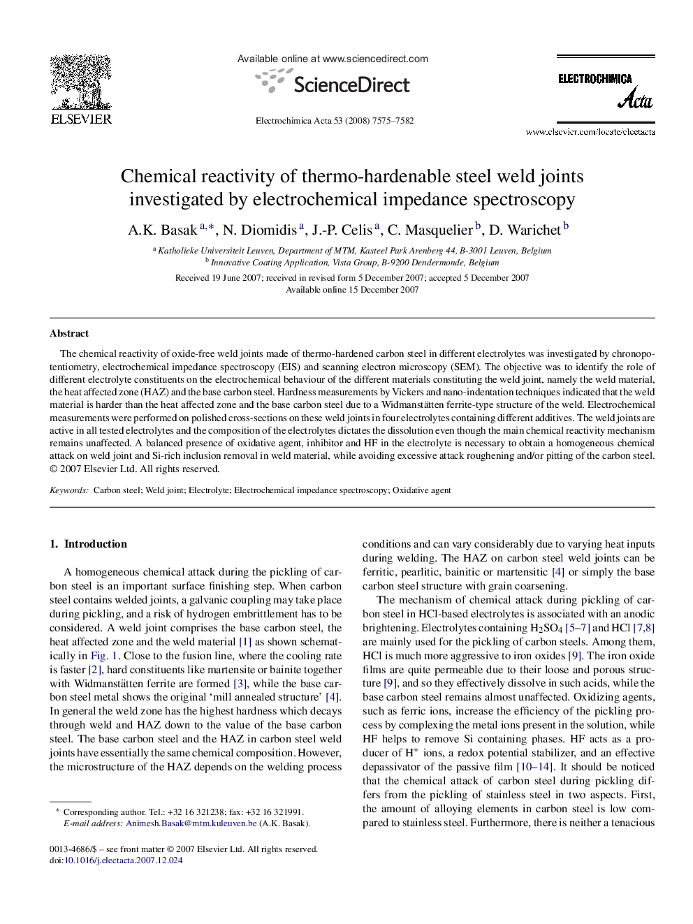 Chemical reactivity of thermo-hardenable steel weld joints investigated by electrochemical impedance spectroscopy