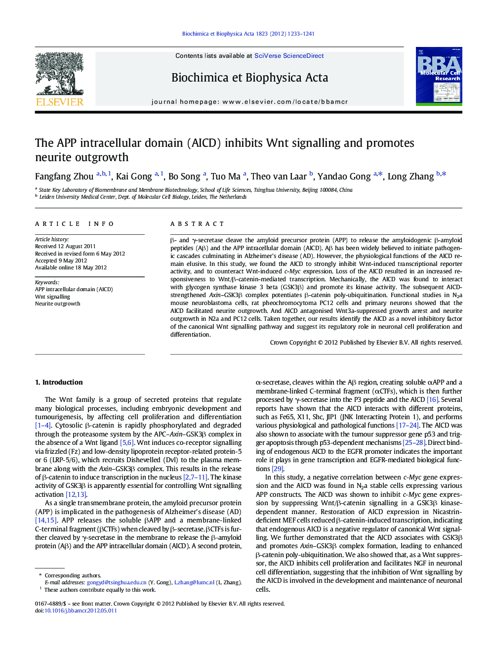 The APP intracellular domain (AICD) inhibits Wnt signalling and promotes neurite outgrowth