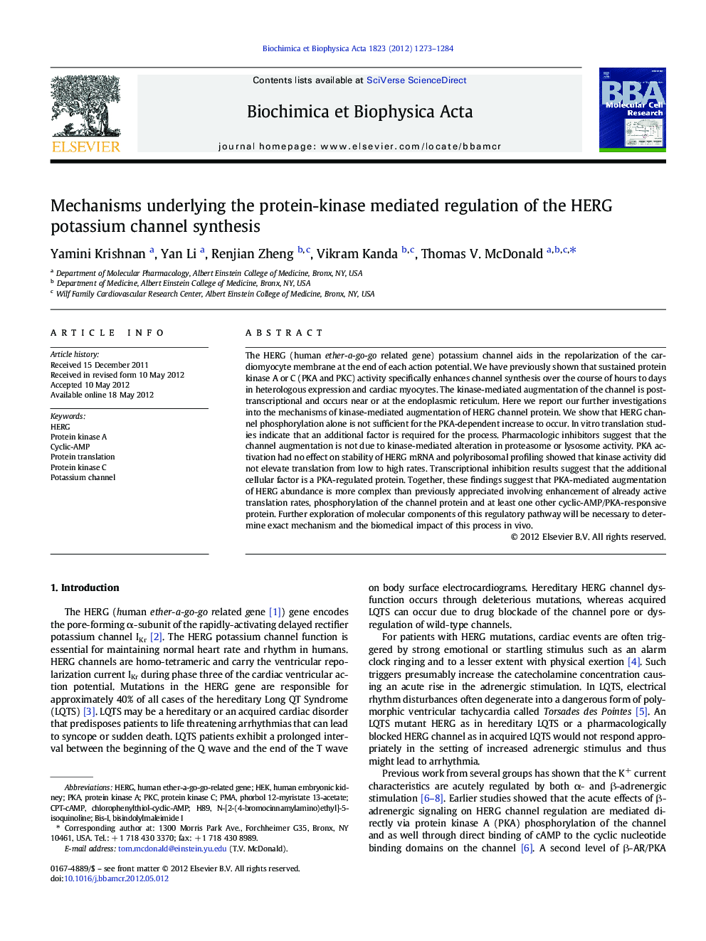 عکس صفحه اول مقاله: Mechanisms underlying the protein-kinase mediated regulation of the HERG potassium channel synthesis Mechanisms underlying the protein-kinase mediated regulation of the HERG potassium channel synthesis