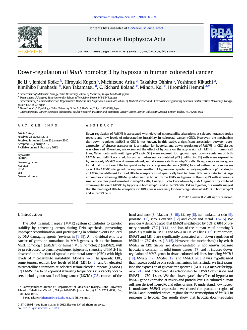 Down-regulation of MutS homolog 3 by hypoxia in human colorectal cancer