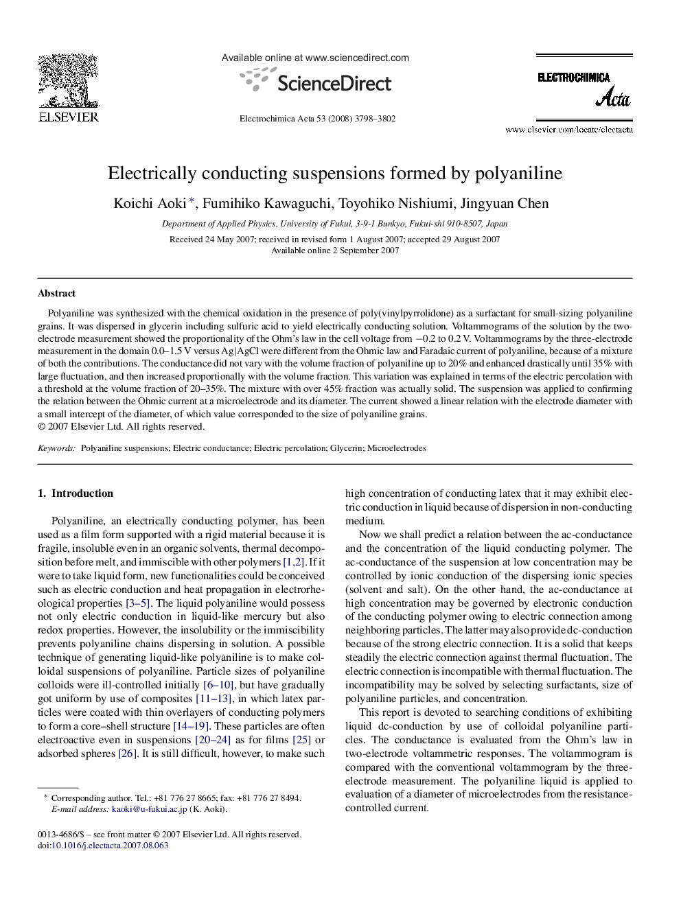 Electrically conducting suspensions formed by polyaniline