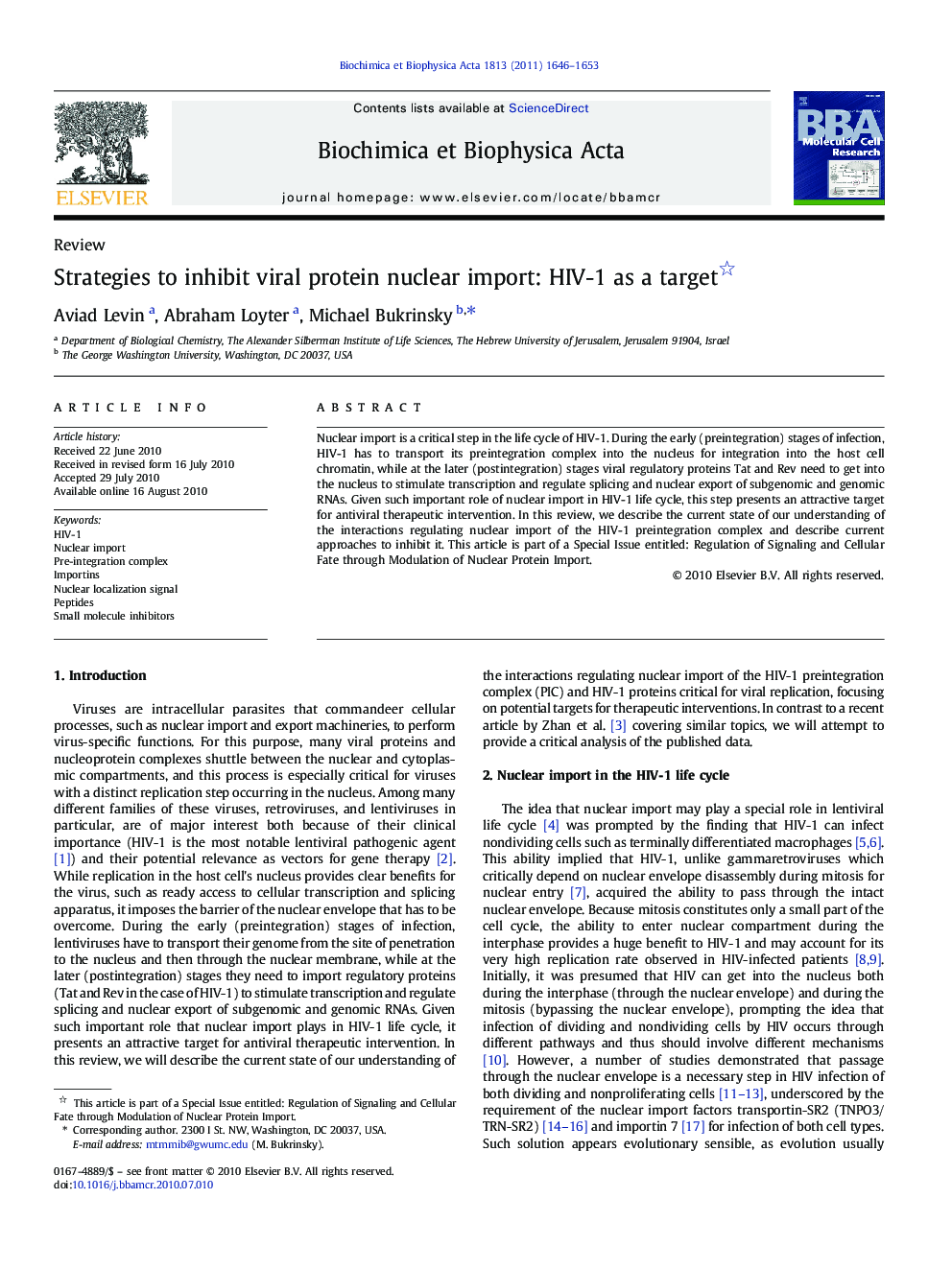 Strategies to inhibit viral protein nuclear import: HIV-1 as a target 