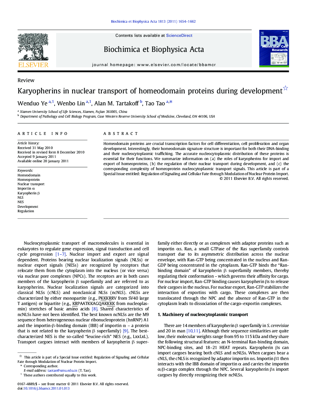 Karyopherins in nuclear transport of homeodomain proteins during development 