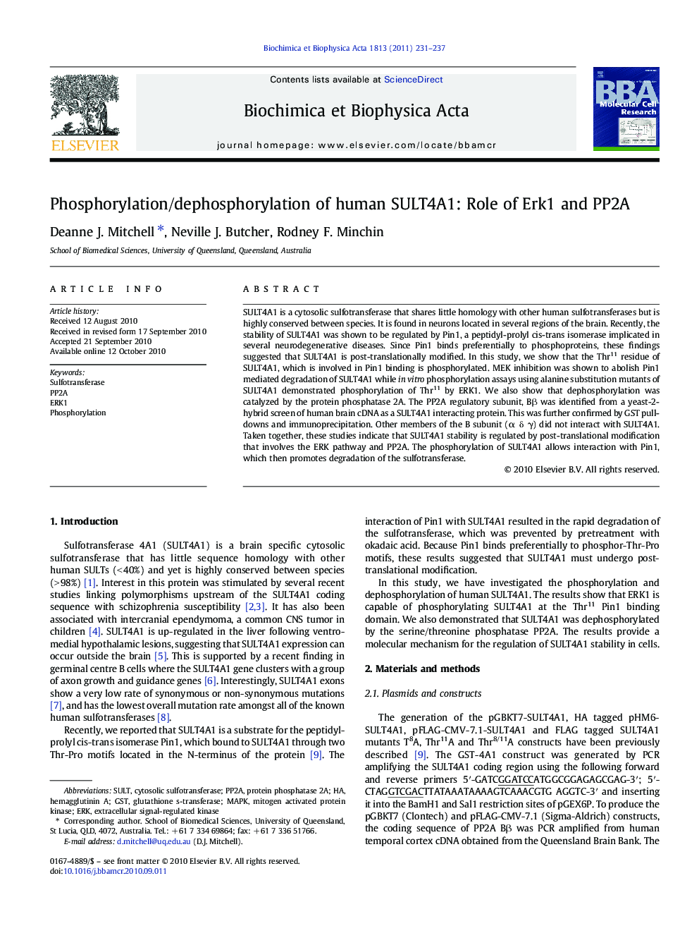 Phosphorylation/dephosphorylation of human SULT4A1: Role of Erk1 and PP2A